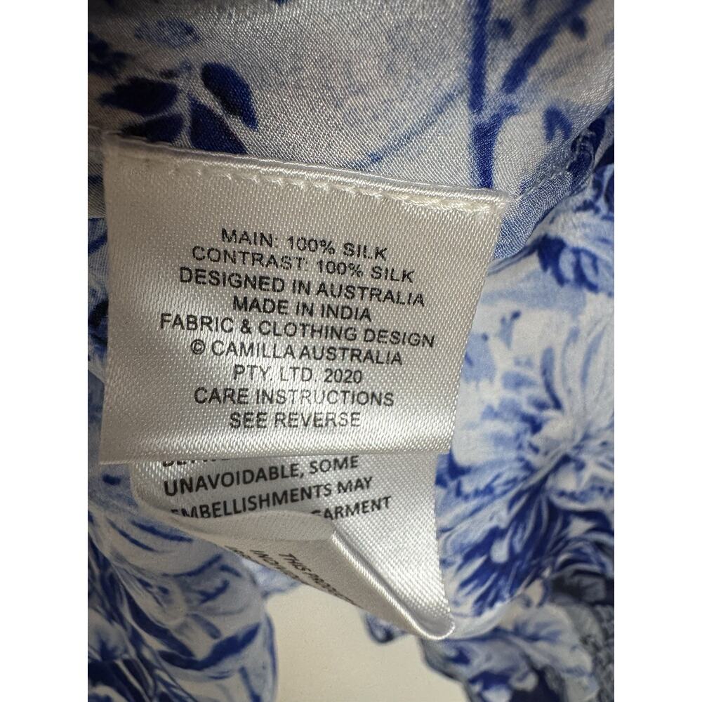 Camilla Silk Blouse Puff Sleeve Blue Floral Women’s Medium - Picture 10 of 10